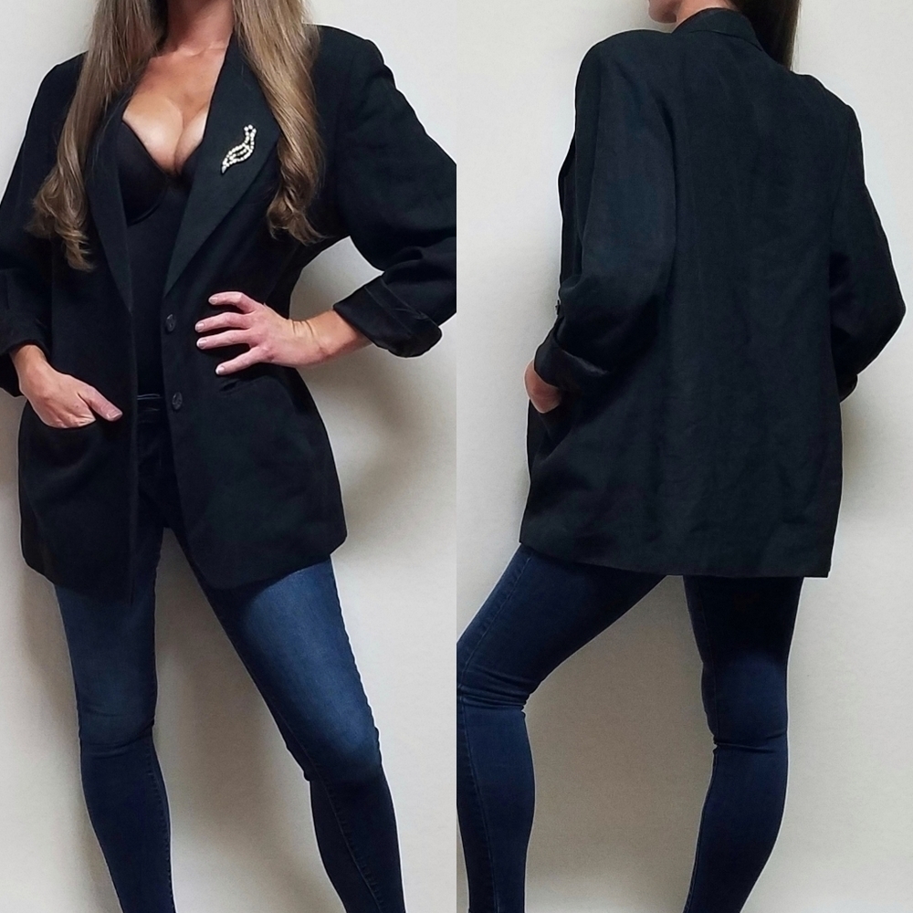 Vintage Ps Black Linen Knit Oversized Unstructured Boyfriend Blazer Jacket